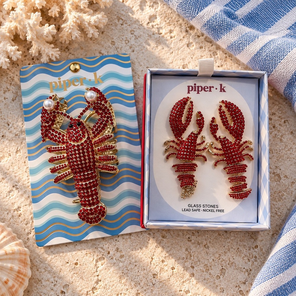 Piper K Lobster Hair Clip and Earring Set Red Rhinestone Nautical Jewelry NWT